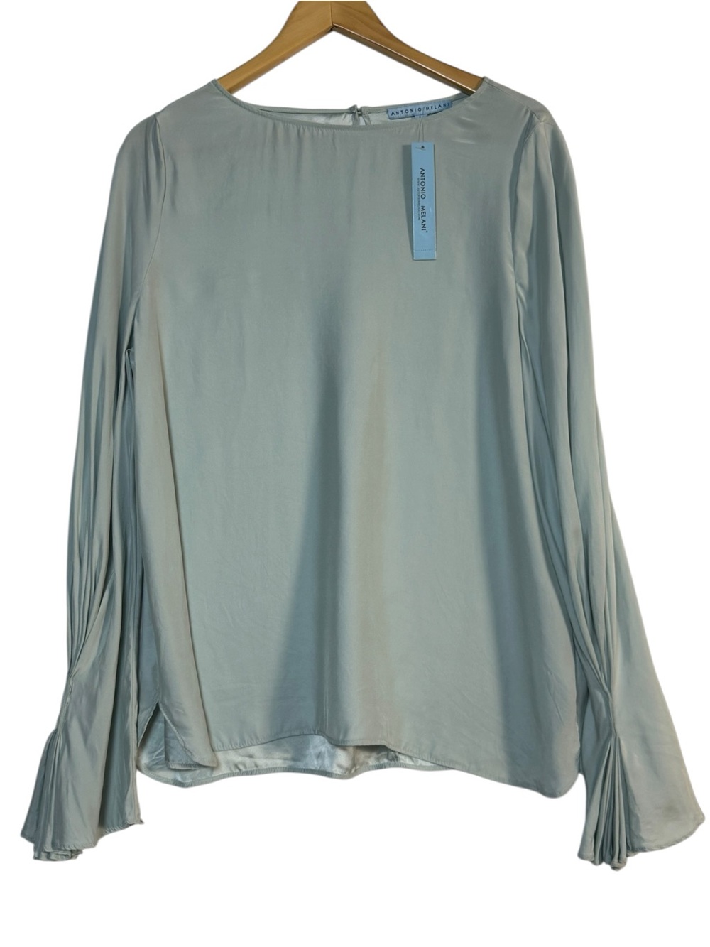 ANTONIO MELANI jade long sleeve silk blouse pleated flared bell sleeves LARGE